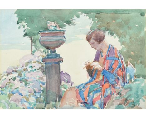 ENGLISH SCHOOL (early 20th century)Portrait of an Art Deco Lady in a GardenWatercolour 34.5 x 24 cm, framed and glazed   COND