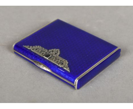 A guilloche enamel decorated silver compact, the interior stamped 925, maker's mark of HCF LdOf rectangular form, the hinged 