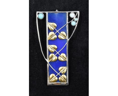An early 20th century Continental white and yellow metal (tests as 14 ct) opal and chalcedony set Secessionist pendant brooch