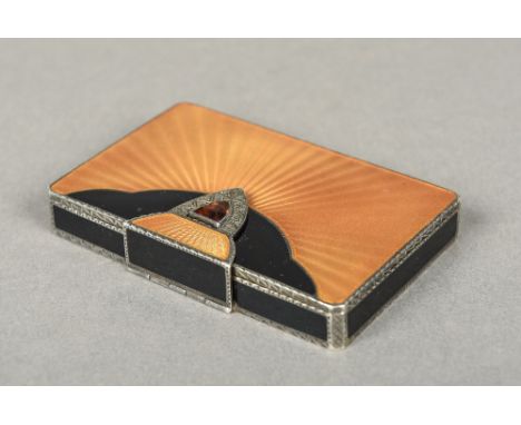 An early 20th century Art Deco 935 Standard silver and silver gilt gem and marcasite set enamelled and engine turned box, imp
