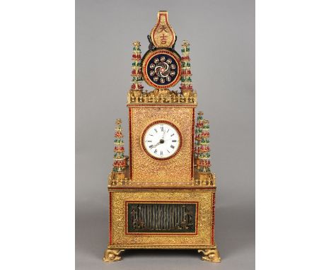 A large and impressive Chinese gilded metal paste set musical automaton table clockThe 4 1/2 inch white enamelled dial with R