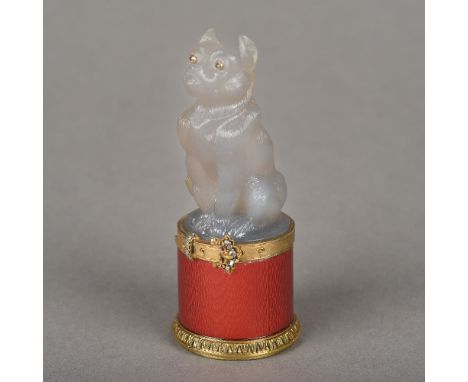 A Russian diamond, enamel and silver gilt mounted hardstone sealFormed as a seated dog, marked for 88 Zolotniks.  7.25 cm hig