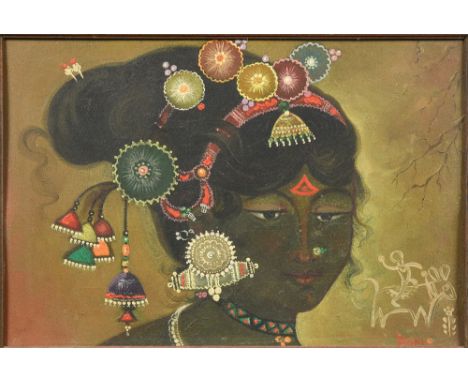INDIAN SCHOOL (20th century) Portrait of a Bejewelled GirlOil on boardSigned Ram44 x 29.5 cm, framed   CONDITION REPORTS:  Ge