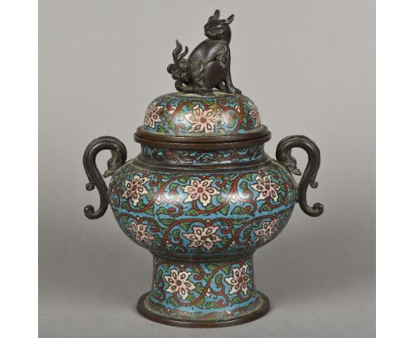 A 19th century Chinese cloisonne censorThe removable lid mounted with a temple dog, the main body decorated in the round with