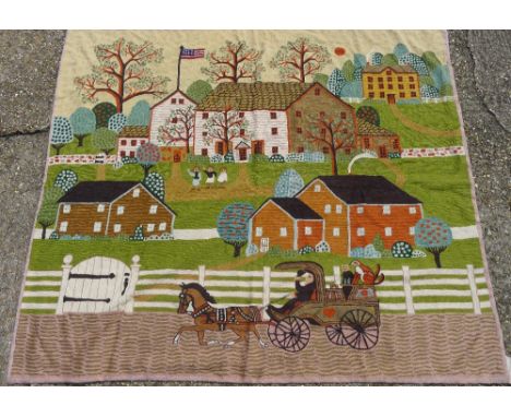 An American, possibly Amish, tapestry panelDepicting figures standing before houses waving to a horse drawn carriage carrying