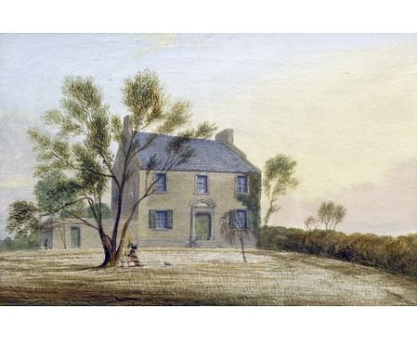 JOHN WILSON EWBANK (1779-1847) BritishLady and Her Dog Seated in the Garden of a Country HouseOil on canvasSigned to stretche