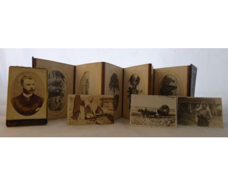 A late 19th century small gilt embossed leather covered concertina type photograph albumComprising: seventeen black and white