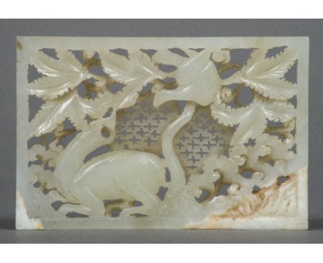 A Chinese carved celadon and russet jade pierced panel representing Autumn7.5 cm wide.    CONDITION REPORTS:  Generally in go