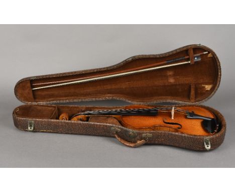 A 19th century French 7/8th or lady's violinWith deep body in the Maggini style, with a two piece maple back, housed in a cas
