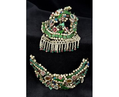 A Chinese pearl, jade and stone set pendantTogether with another piece, possibly a necklet front or a tiara frontispiece.  Th