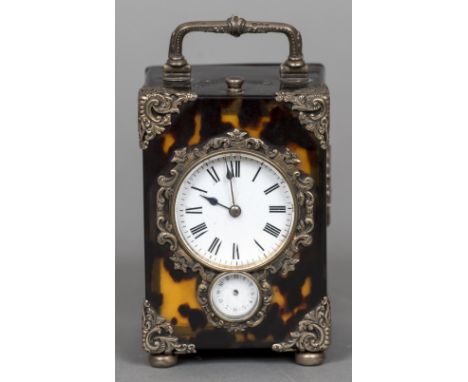 A silver mounted tortoiseshell carriage alarm clock, hallmarked London 1892, maker's mark of William Thomas Wright & Frederic