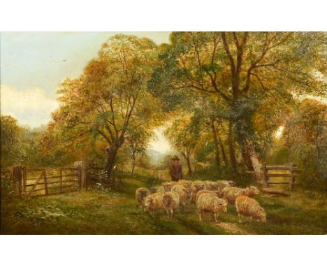 ENGLISH SCHOOL (19th century)Shepherd and His Flock in a Rural LandscapeOil on canvasIndistinctly signed70 x 44 cm, framed   