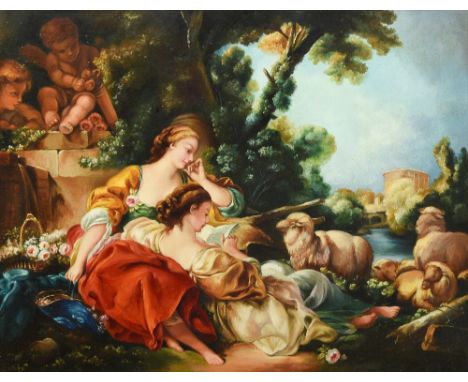 Manner of FRANCOIS BOUCHER (1703-1770) FrenchFemale Figures at Rest in a Classical Landscape With Putti AttendantsOil on copp