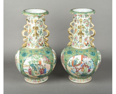 A pair of Chinese porcelain vasesEach with gilt dragon applied neck decorated with insects amongst floral sprays, the globula