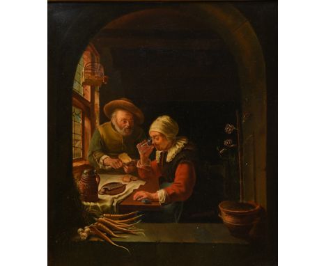After FRANS VAN MIERIS, The Elder (1635-1681) DutchAn Elderly Couple Eating Oil on panelInscribed to verso La Refezione di du