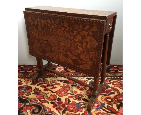 A Dutch marquetry inlaid Sutherland tableOf small proportions, the hinged twin flap rectangular top above two small frieze dr