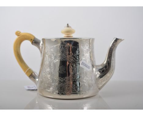 Victorian silver teapot, ivory handle and finial, tapering form, engraved crest and chinoiserie decoration, Garrard, London 1