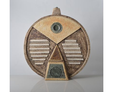 Large Troika pottery wheel lamp base, with abstract design to both sides, brown tan and green colourway, painted Troika Cornw