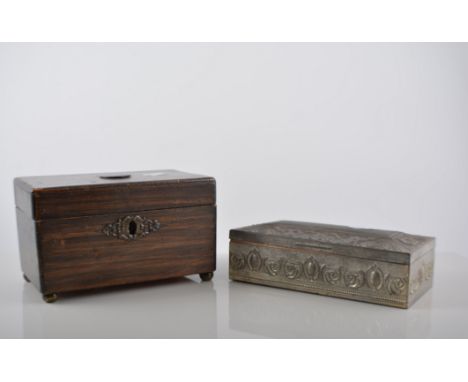 Victorian oak cutlery tray, 35cms, a mahogany jewellery box, a stained wood caddy and a metal box, (4).