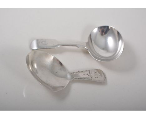 Georgian silver caddy spoon, bright cut decoration to the handle, (I.M.R.) and an early Victorian Fiddle pattern caddy spoon,
