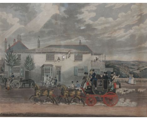 Coaching print, Coventry to Birmingham coach, coloured engraving, 39 x 50cms.