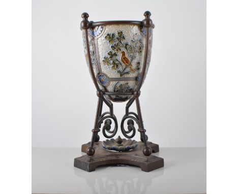 Doulton Lambeth stoneware table lamp base, by Mark V Marshall, decorated with bats, on a metal stand of scroll supports and b