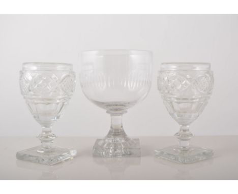 Pair of Victorian rummers, facet cut bowls, square lemon squeezer bases, height 13.5cms and seven other Victorian glass rumme