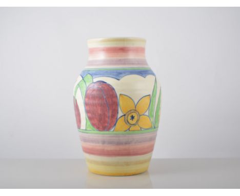 Clarice Cliff lamp base in the "Gloria" pattern, ribbed swollen form, decorated with a band of stylised flowers in pastel con