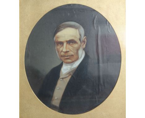 English School, head and shoulders portrait of a gentleman, oil, possibly over a print base, oval, 58cm x 45cm.