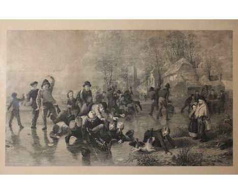 Victorian monochrome print, winter scene, 37 x 74cms, maple frame.