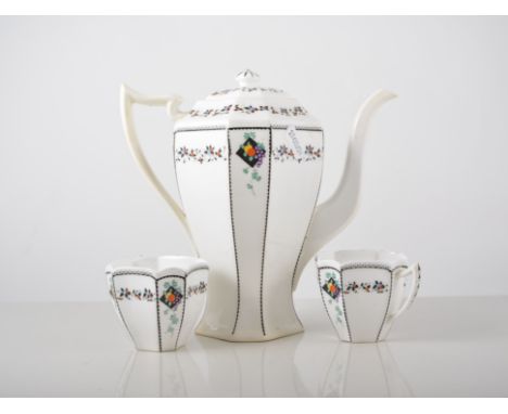 Shelley china part tea set, Queen Anne shape, fruit and vine design, comprising teapot, five cups, six saucers, milk and suga