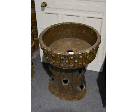 Nottingham Stoneware garden planter, shallow circular bowl on a tree stump design stand, diameter 60cm.