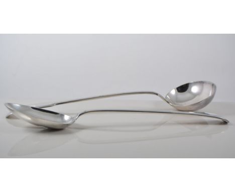 Silver plated Fiddle pattern ladle, length 35cm and a silver plated Old English pattern basting spoon, (2).