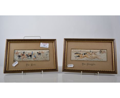 Stevengraph silk, "The Struggle", 5 x 15cms, mounted, unframed, another racing Stevengraph and a hunting Stevengraph, "The Me