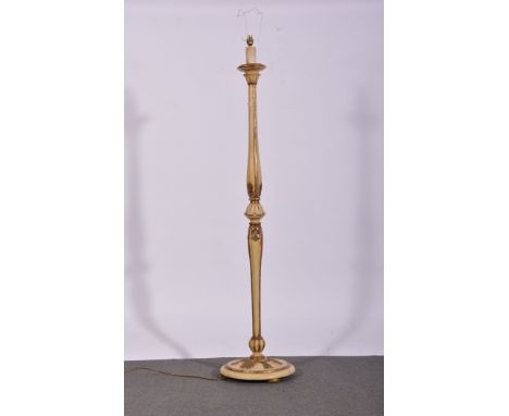 Painted wooden standard lamp, fluted column, circular base, with shade, height to fitment 160cms.