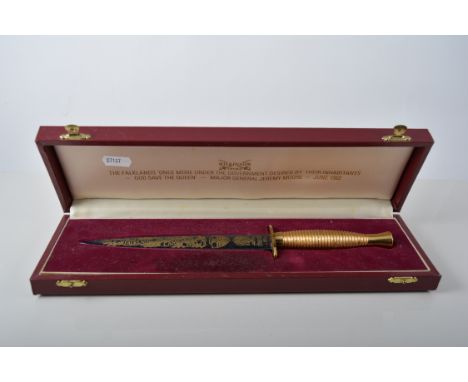Wilkinson Sword presentation commando dagger, The Falkland Islands Campaign 1982, blued steel gilt blade, brass handle, 29cm,