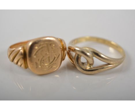 18ct gold signet ring, another and an 18ct gold knot ring, (3).