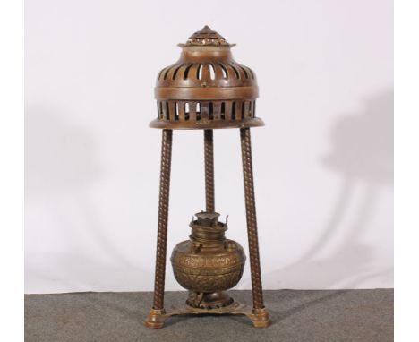 An unusual French cast and enamelled pedestal Cathedral oil lamp, ( No.3 Banner),  by Pfister and Co Limited, height 84cm.
