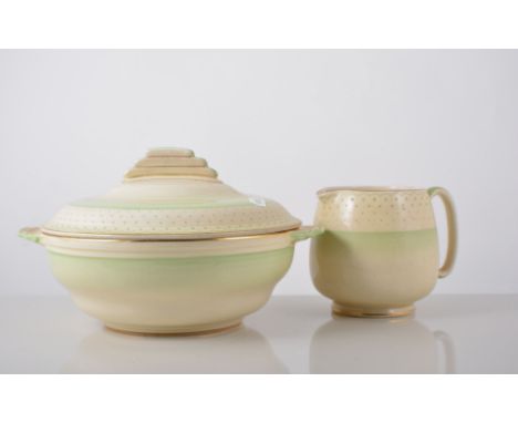 Fieldings Crown Devon Ranleigh pattern part tea and dinner service, with green polka dot design, comprising six teacups, sauc