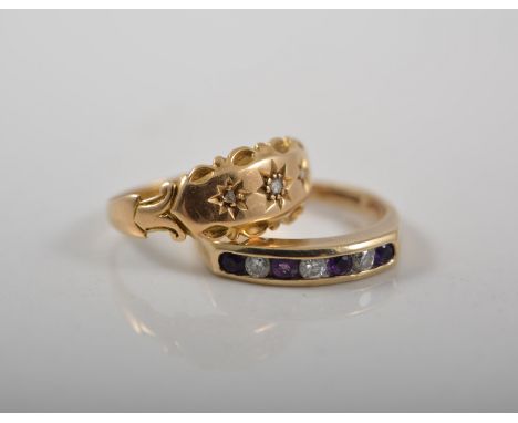 Victorian 18ct gold three stone diamond ring and a diamond and amethyst ring, (2).