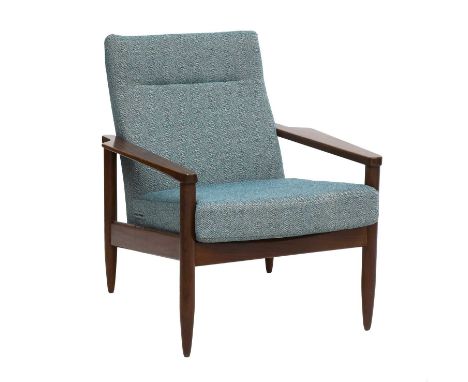 A 1960s Irish Crannac Teak Lounge Chair, shaped arms, on four tapering legs, re-upholstered tweed cushions, labelled Crannac 