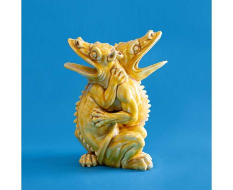 Attributed to Burmantofts Faience Pottery Grotesque Double Dragon Vase, modelled with two seated entwinded dragons with open 