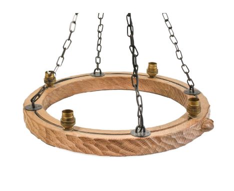 Workshop of Robert Mouseman Thompson (Kilburn): An English Oak Circular Chandelier, the four hanging chains attached to a cir