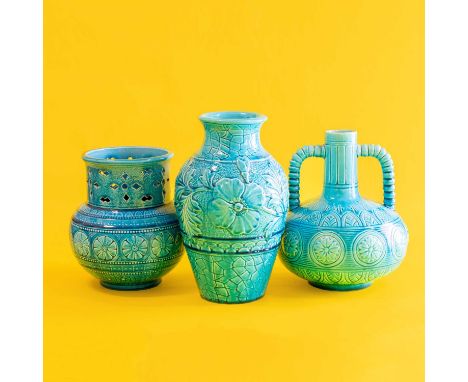 A Burmantofts Faience Pottery Twin-Handled Vase, decorated with repeating designs, turquoise glaze, impressed marks and incis