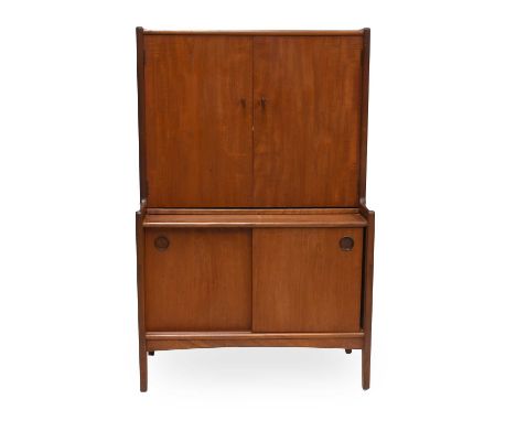 A Mid-Century Younger Afromosia and Teak Drinks Cabinet, the top with two doors and rounded handles, fitted with two adjustab