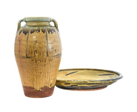 Mike Dodd (b.1943): A Stoneware Twin-Handled Bottle, covered in a green ash glaze, impressed MJD mark,39cm highMike Dodd (b.1