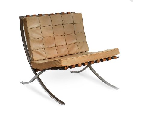 A Chromed Steel and Leather Barcelona Chair, after a design by Ludwig Mies van der Rohe, bent chromed flat steel, upholstered