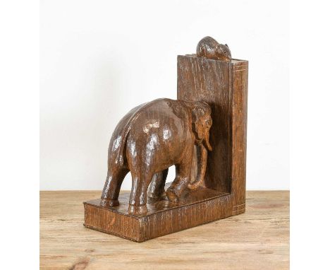 Workshop of Robert Mouseman Thompson (Kilburn): An English Oak Elephant Bookend, carved by Stan Dodds (1928-2012) the elephan