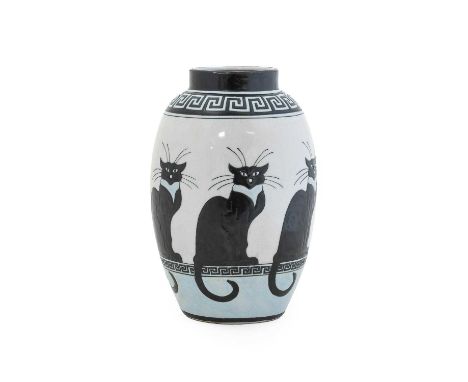 An Art Deco Style Keralouve La Louviere Vase, of shouldered cylindrical form, enamelled with a band of stylised black cats, b