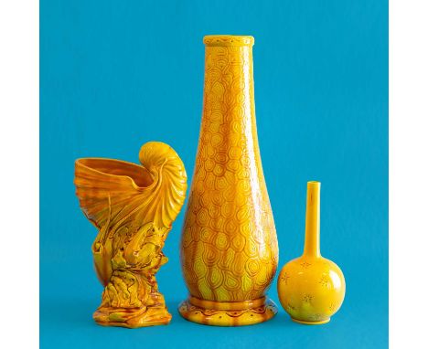 A Burmantofts Faience Pottery Vase, shape No.1400, decorated with repeating patterns, on a yellow mustard ground, impressed m